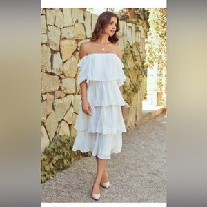 Vici collection rehearsal tiered plisse midi dress in Ivory